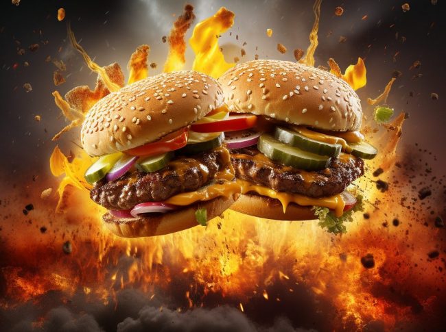 two burgers crashing together in an explosive fireball. No90 Hackney Wick